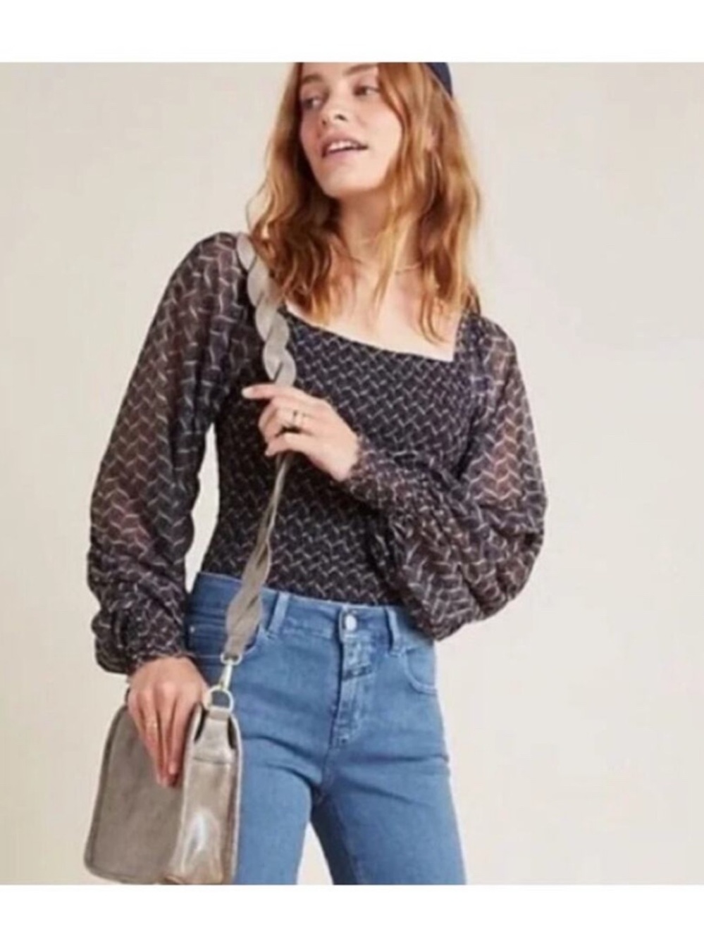 Anthropologie ~ Smocked Square-Neck Long Sleeve Black Patterned Top